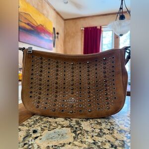 Coach Chelsea Crossbody All Over Studs & Grommets In Antique Nickel/Saddle Suede